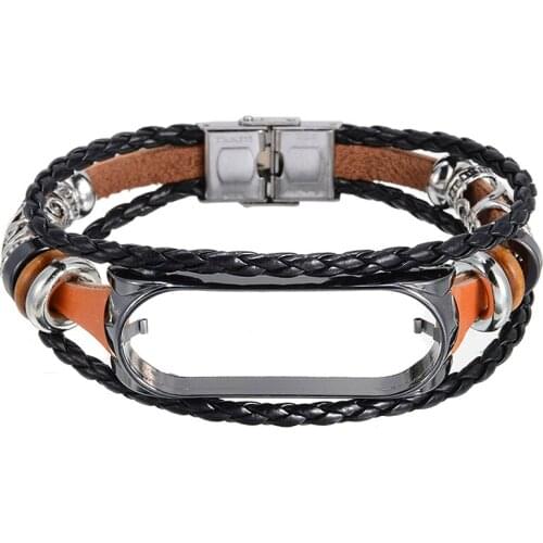 Fashion Wrist Strap For Xiaomi Mi Band 3/4 Replacement Smart Metal Bracelet Leather Weave Strap Braided Watch Band Accessories