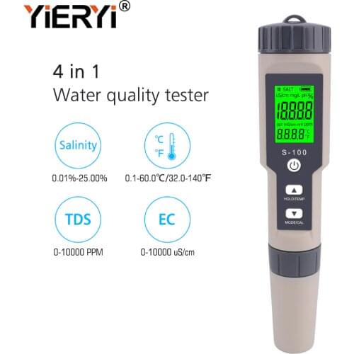 Yieryi 4 in 1 Salt/EC/TDS/TEMP Meter S-100 Salt Meter Salinity Tester Waterproof Saltmeter Salt Gauge Water Quality Measure Tool