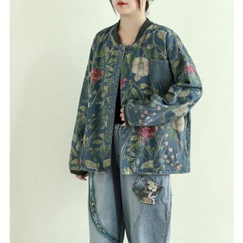 2021 Autumn Fashion Style Streetwear Floral Denim Jackets Womens Vintage Printed Coats Ladies Loose Clothes