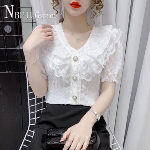 2021 Summer New Short Sleeve Women Blouse Fashion Lace Ruffles V Neck Chiffon Female Blouses