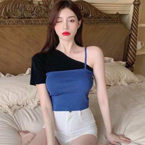 Womens Skew Collar Color Contrast Slim Sexy Versatile Knitted Short Sleeves T-shirt Tops Tops