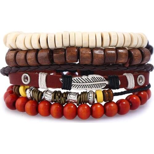 Boho Women Beads Leaf Charm Leather Bracelets Fashion Ethnic Feather Vintage Beaded Wristbands Bangles Handmade Bohemian Jewelry