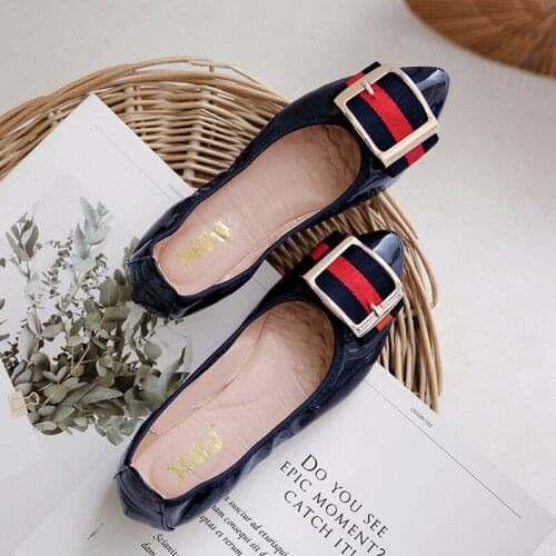 Womens Foldable Soft Ponited Toe Ballet Flats Square Buckle Comfort Slip on Flat Shoes