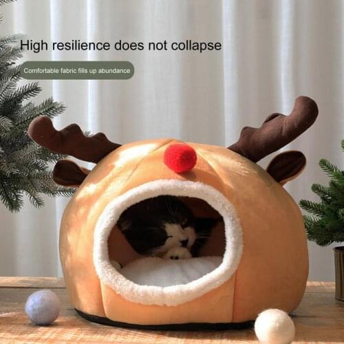 1 Set Cat Tent Bed Anti-skid Christmas Style Kitten House Pet Bed Comfortable Windproof Pet Sleeping Bed House for Autumn Winter