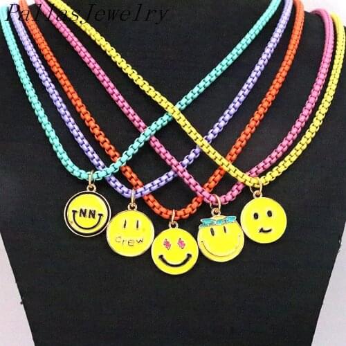 5Pcs Hot Fashion Smile Charm Necklaces for Women Girls Smiley Face Pendant Enamel Box Chain Jewelry Gifts