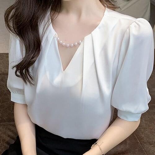 Blouses Top Femme Short Sleeve Blouse Women Blusas Mujer De Moda 2021 Verano Beading V-Neck Chiffon White Blouse Shirt Tops E800