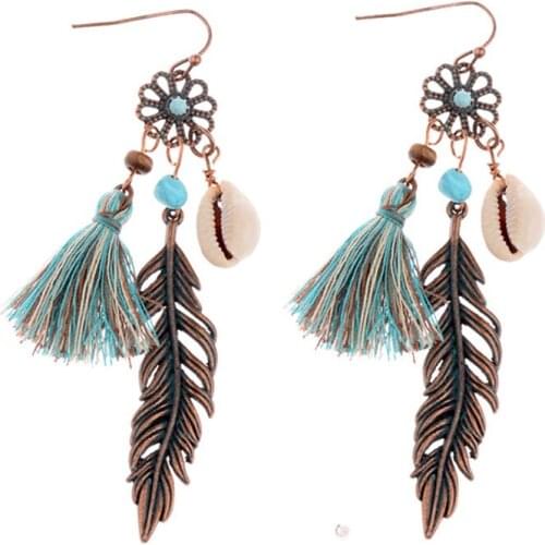 Bohemian Vintage Earrings Statement Jewelry Exaggerated Antique Green Metal Hollow Leaf Flowers Tassel Earrings for Women Gift