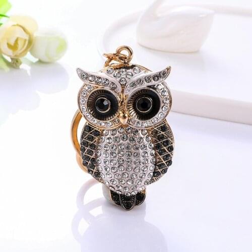 Cute Big-Eye cat-head-Owl Charm Keychain Rhinestone-Crystal Keyring Car Enamel-Animal-bird Key chain ring Lucky Gifts
