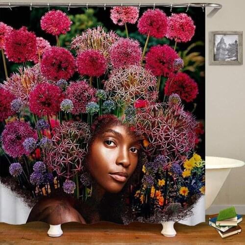 Black Art African American Women Flower Hair Art Bath Curtain