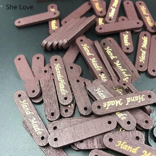 Chzimade 50Pcs/lot Handmade Letter Wood Labels Tag 35x8mm Wooden Button Printed Hand Made Letter Labels For Clothes Accessory