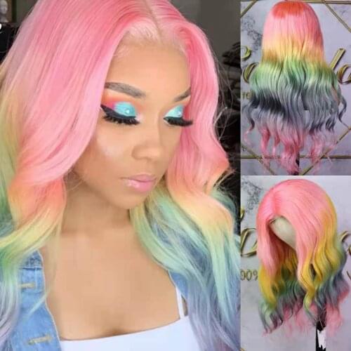 COLODO Rainbow Ombre Lace Front Wig Human Hair Body Wave Wigs Remy Hair Pink Yellow Green Colored Human Hair Wigs For Women