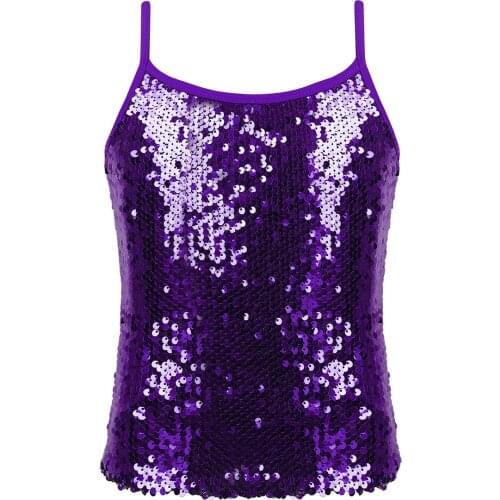 Kids Girls Summer Camisole Top Adjustable Spaghetti Shoulder Strap Tank Top Shiny Sequins Vest Children Dance Clothes Streetwear