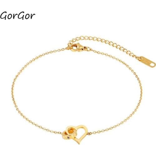 GorGor Anklets Women Stainless Steel Pattern Heart Circle Mosaic Zirconia Pendant Exquisite Temperament Trendy Jewelry TZ-104