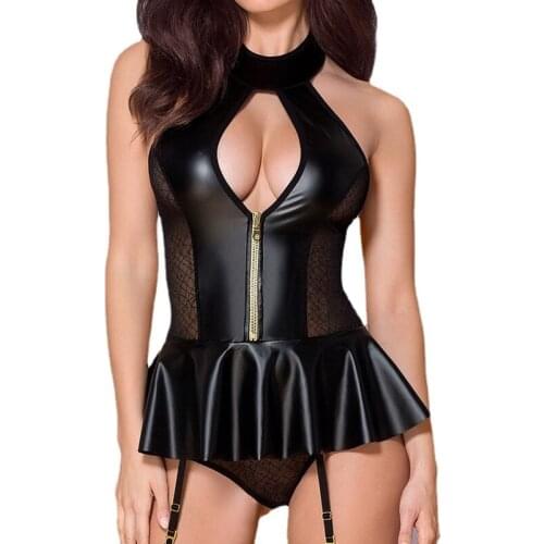 Porn Bodysuit Women Vogue Black Patent Leather Zipper Sexy Lingerie Set Tempting Exciting Crazy Night Pajama Garter Plus Size