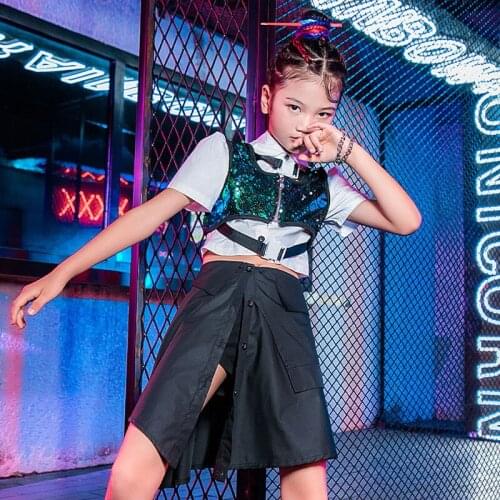 Cheerleader Uniform Sequins Girl Sets K-pop Outfit Jazz Dancewear Stage Costume Festival Clothing Crop Tops Black Skirt DL8360