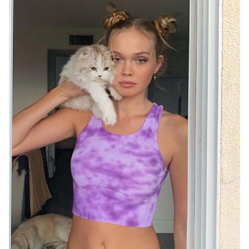 Women Sleeveless Tank Tops Summer Tie Dyeing Print Fitness Workout Casual Vest Stretch Club Clothes Slim Fit Female Crop Top