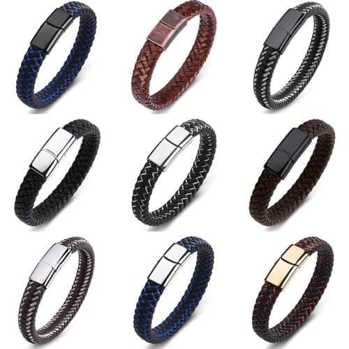 Fashion Punk Men Jewelry Braided Leather Bracelet Men Handmade Bangle Trendy Stainless Steel Clasp Male Wrist Band
