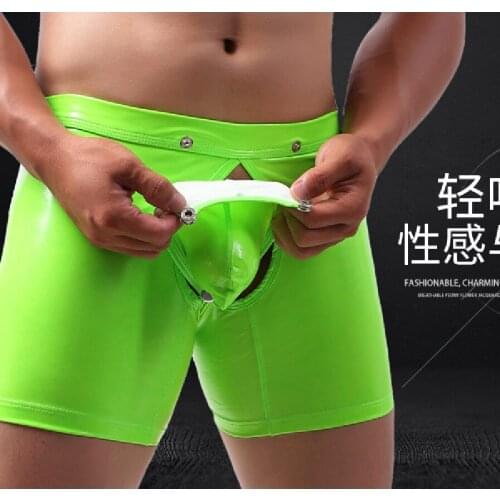 Men Patent Leather Sexual Interest Fad Dew Buttocks Boxers Low Waist Front Back Slit Gay Scrotal Pouch Separate Household Shorts