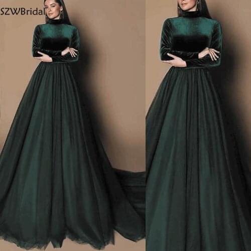 New Arrival High neck Long sleeve evening dress Velvet Muslim special occasion dresses for women 2021 Green Cheap Party dress