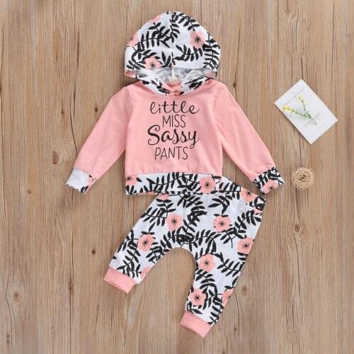 Autumn And Winter New Products For Baby Girl Letters With Hooded Tops Leaves And Flowers Printed Trousers Suit Alphabet Clothing