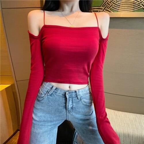 WOMENGAGA Sexy Off Shoulder Slim Open Navel Solid Bottomed Tops Spring Long Sleeve T-shirt For Women 2QRT