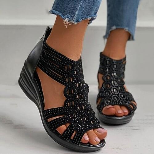 TELOTUNY Sandals Womens Fashion Vintage Crystal Wedges Outdoor Hollow Out Zip Up Sandals 2021 Summer Platform Casual Shoes