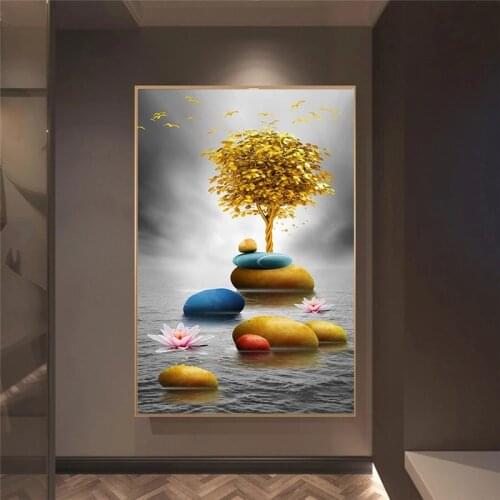 Modern Golden Luxury Art Golden Stone and Golden Tree Landscape Painting Wall Art Pictures for Living Room Home Decor (No Frame)