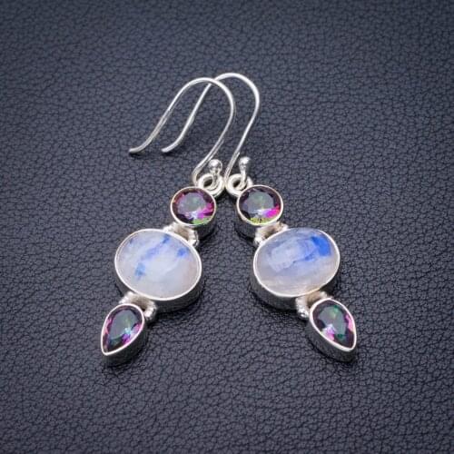 StarGems Natural Rainbow Moonstone And Mystical Topaz Handmade 925 Sterling Silver Earrings 1.75" E0831