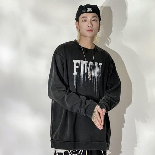 EukaaRu Vape Letter Printed Round Neck Sweater Mens Washed Loose Long Sleeves Top Woman BF Style Trendy Oversized Pullover