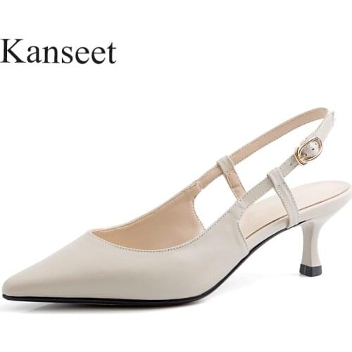 Kanseet New Pointed Toe Genuine Leather High Quality Female Shoes Thin Heels Shoes 2021 Summer Party Dress 5cm Mid Heels Pumps