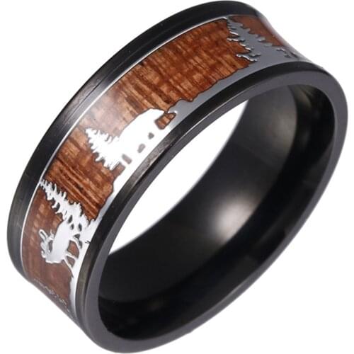 Unisex Black Stainless Steel Hunting Ring Wedding Band Wood Inlay Deer Stag Silhouette Christmas Present Rings For Women