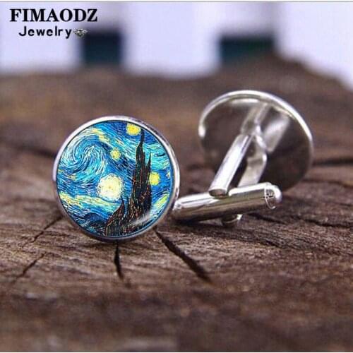 FIMAODZ Van Gogh Oil Painting Cufflinks Starry Night Glass Cabochon Handmade Silver Bronze Cufflink for Male