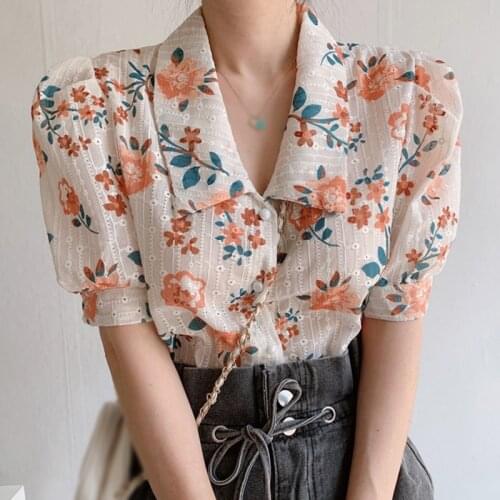 Half Sleeve Floral Lapel Collar Blouse Women Casual Shirt Top V-Neck Summer Streetwear Office Ladies Chic Blouses