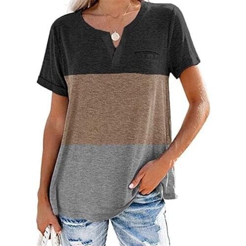 Ladies Fashion New V-Neck Three Color Matching Pocket Casual Short-Sleeved T-Shirt 2021 Summer Casual Loose Cotton Stitching Top