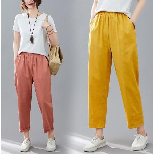 2021 Summer New Style Cotton And Linen Harem Pants Womens Multicolor Large Size Elastic Waist Casual Nine-point Pants aq923
