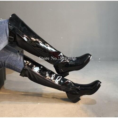Black Patent Leather Flat With Motorcycle Boots Woman Fashion Round Toe Knee High Boots Ladies Large Size Long Boots