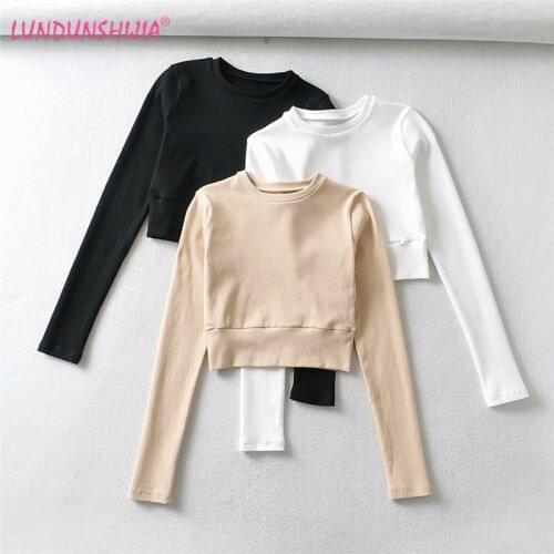 LUNDUNSHIJIA 2021 Spring Summer Solid Slim Crop Tops High Waist Pullovers For Female O-neck Long-Sleeve Basic Ribbed Cotton T-sh