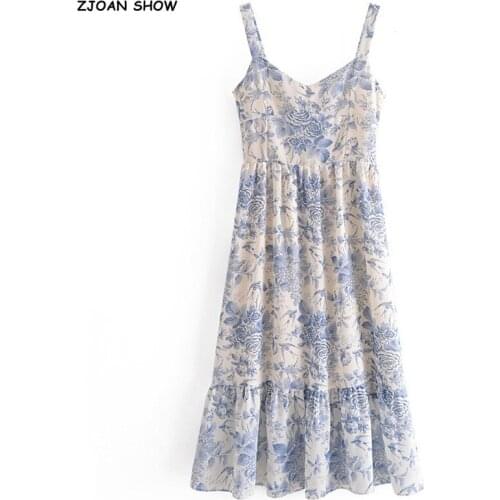 2021 Summer Vintage French Style Blue White Floral Women Dress Spliced Ruffles Hem Sleeveless Sling Dress Holiday