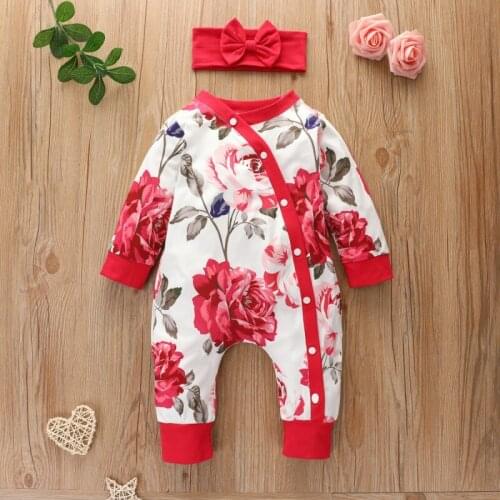 Baby Clothing Newborn Baby Girl Boy Floral Clothes Cotton Romper Jumpsuit Headband 2PCS Outfits Spring Autumn