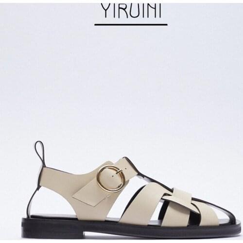 2021 Summer New Style ZA Flat Sandals Female Backpack with Roman Hollowed Out Comfortable Platform Sandals Casual Flat Sandals