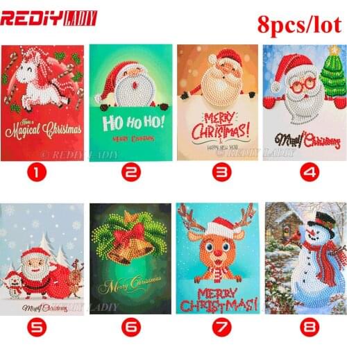 8pcs/lot Christmas Greeting Cards Diamond Painting Postcards Crystal Round Diamond Mosaic Pattern Happy New Year Greeting Card