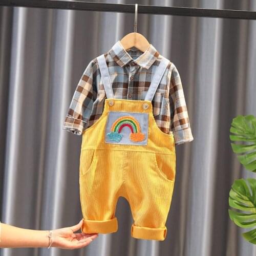 Children Fashion Clothing Baby Boys Girls Plaid Rainbow Shirt Overalls Pants 2Pcs/sets Kids Infant Casual Clothes Toddler Sets