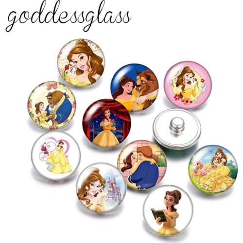 Disney Beauty and the beast Princess Belle 10pcs Round photo glass 18mm snap buttons for 18mm snap bracelets jewelry wholesale