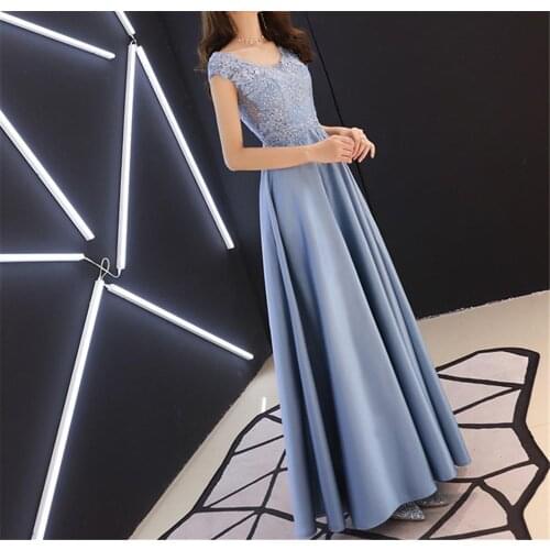 V Neck Lace Prom Dresses Long Satin Applique A Line Women Formal Evening Party Gowns Bridal Dress VS22