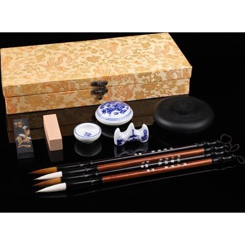 10PCS Chinese Traditional Calligraphy Set with Writing Brush Washer Holder Inkstone Ink Stick Seal Inkpad for Beginners Lovers