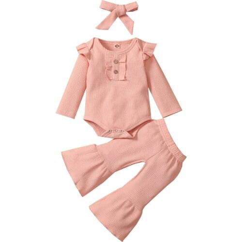 New Baby Girls 3PCS Fall Outfits, Long Sleeve Ruffle Romper + Flare Pants + Headband Set