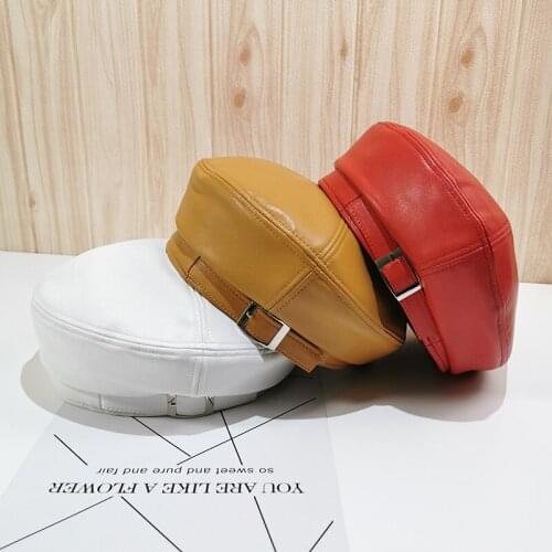 Autumn Winter Fashion PU Leather Retro Beanie Hat Cap Red Black Yellow White Women Beret Cap QZ0163