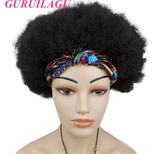 GURUILAGU Headband Wig Afro Kinky Curly Wig Female Heat Resistant Fiber Synthetic Hair Color #1B Synthetic Wigs for Black Women