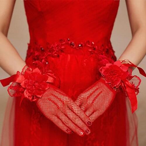 Summer Lace Mesh Fishnet Gloves Sexy Female Full Finger Short Thin Gloves Retro Red White Bridal Wedding Dance Bowknot Mittens