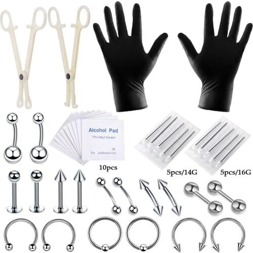 Tattoo Piercing Tool Set 42 Pieces Lip Piercing Eyebrow Earrings Umbilical Ring Whole Body Microblading Kit Tattoo Accessories